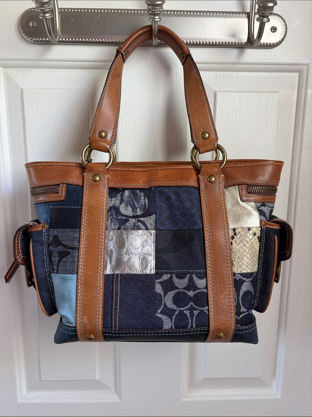 Coach Patchwork Shoulder Tote in Navy and Tan with Metallic Accents